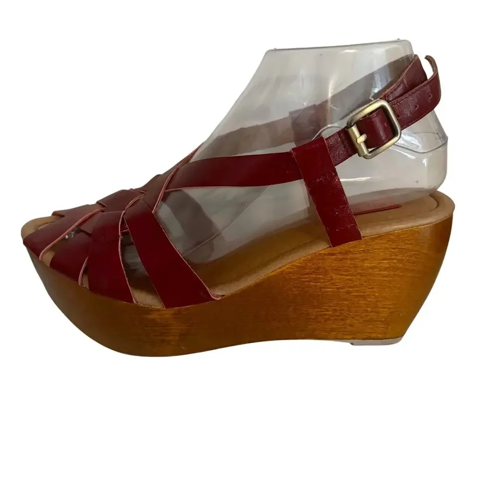 Miz Mooz Gizmo Maroon Leather Strappy Wood Wedge Slingback Sandals Basketweave